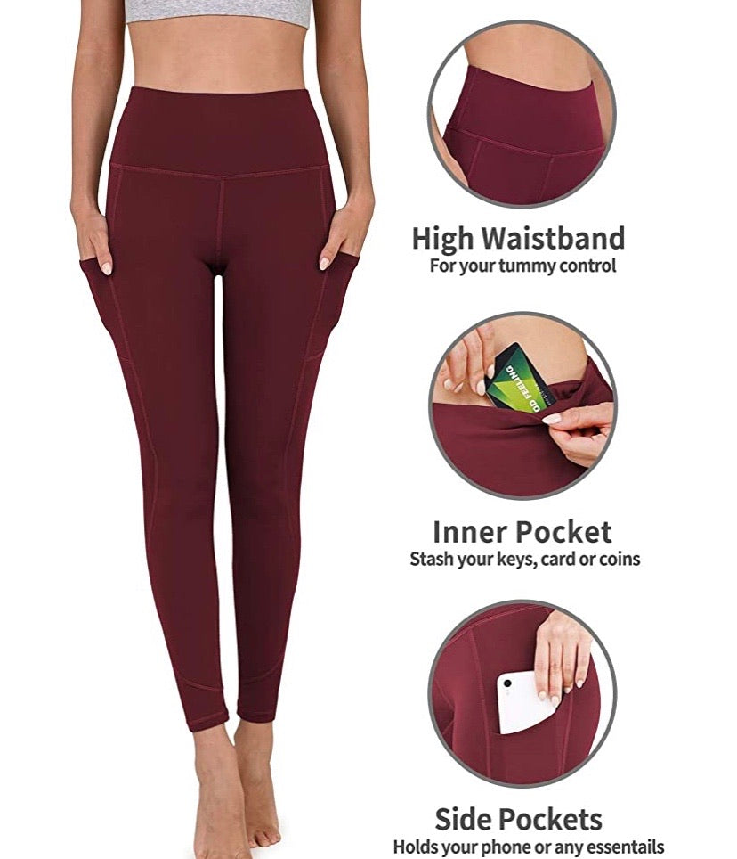 High Waist Yoga Leggings with Pockets - Cranberry