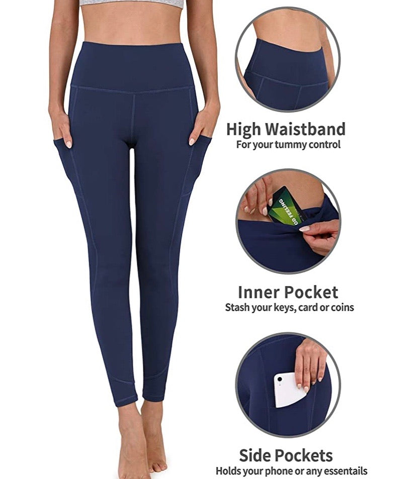 High Waist Yoga Leggings with Pockets - Navy